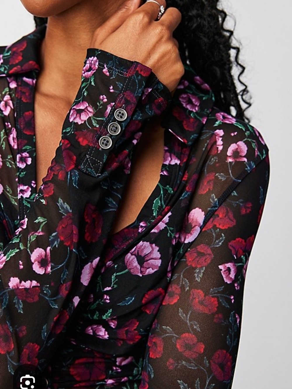 Free People Lucky Shirtee Black Bloom Floral Mesh Ruched Button Front M - Picture 3 of 14